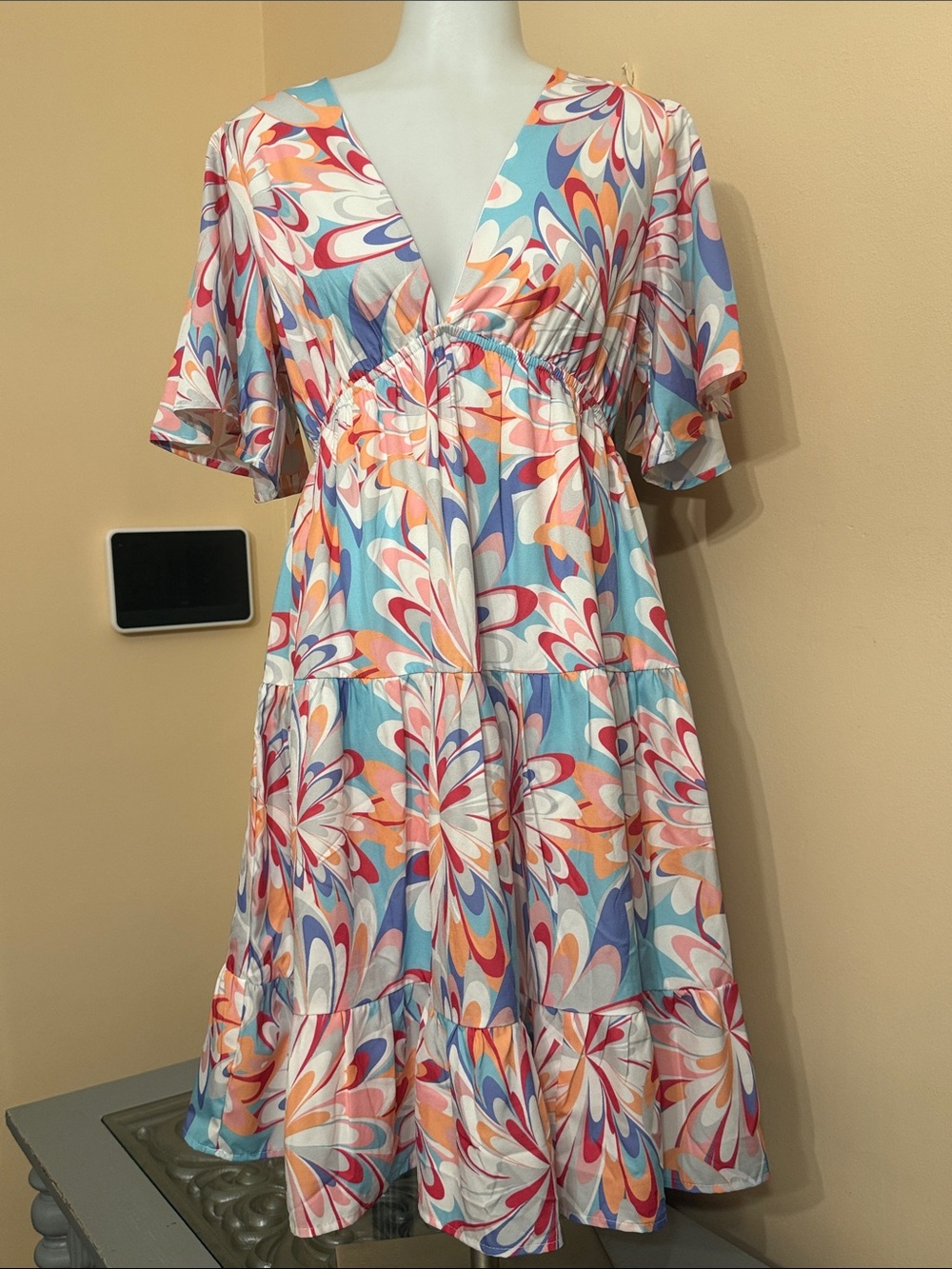 She + Sky V-Neck Flutter Sleeve Midi Dress - Blue, Pink, Orange, Cream, White